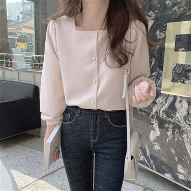 団体購入30件万能流行感シャツブラウス40レディース春作長袖スクエアネック通勤韓国風トップスシフォンきれいめ白5030オシャレ大人ゆったりカジュアル