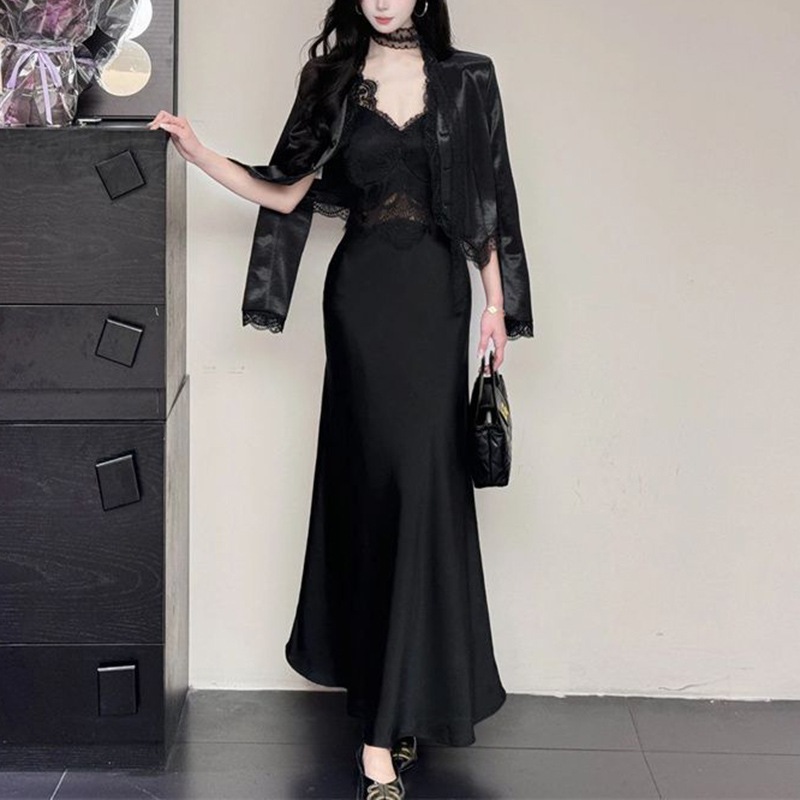 長袖ジャケットとレーストリムのドレスが特徴的な春と秋向けのプラスサイズの女性用フレンチ ヘップバーン スタイルの成熟した洗練されたツーピース スーツ セットです