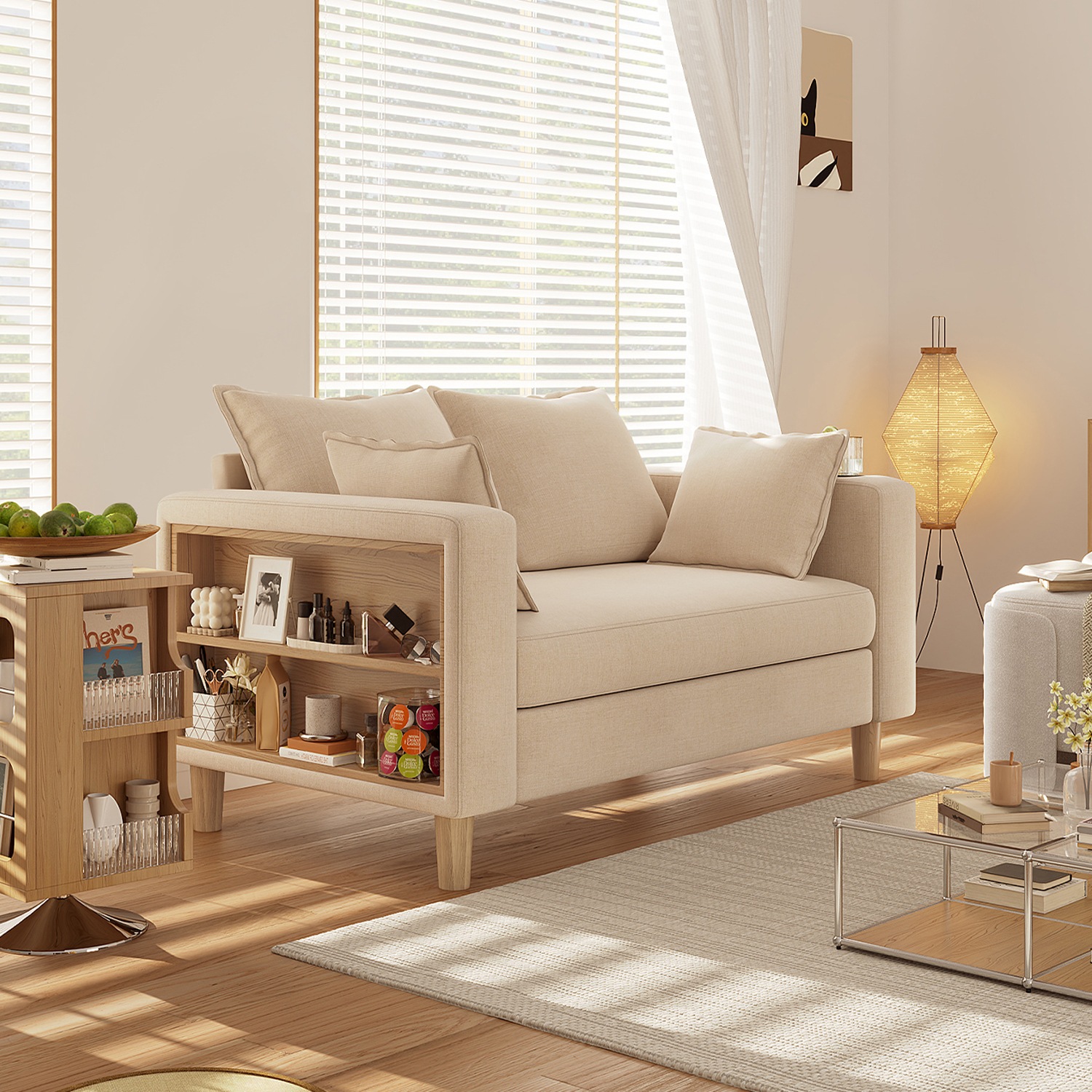 【国内へ発送&送·料·無·料】1119二人掛け 収納ソファー 多機能アームレスト（カップホルダー付） 幅123cm ファブリック 高反発 ソファ 極上座り心地 洗えるカバー 天然木脚 簡単組立 省スペ