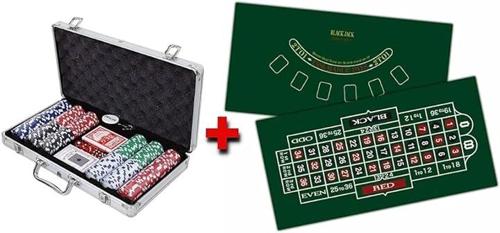 ルーレット ブラックジャック リバーシブル レイアウト マット ZA-410+ZA-411 US仕様ゲームマット+チップ300枚カードダイス アルミケース入り( グリーン)