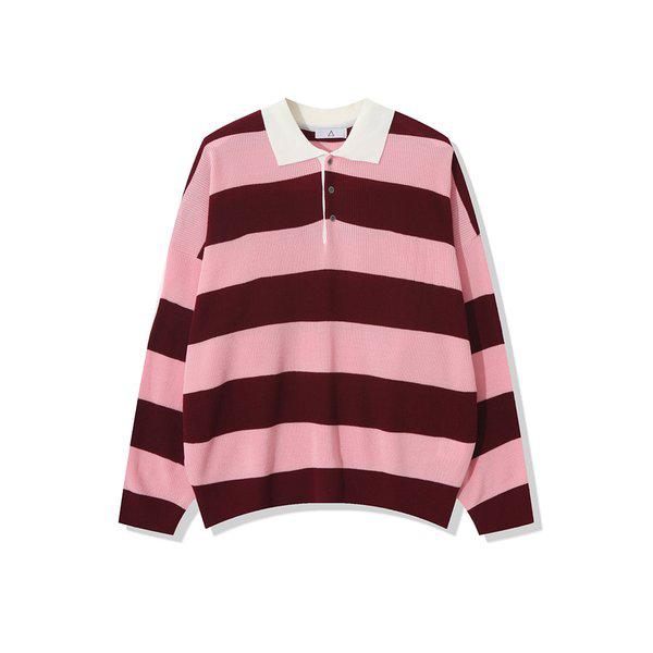 メンズ秋配色ストライプカラーネック長袖ニットTシャツ AC-KN-Q61-ピンク