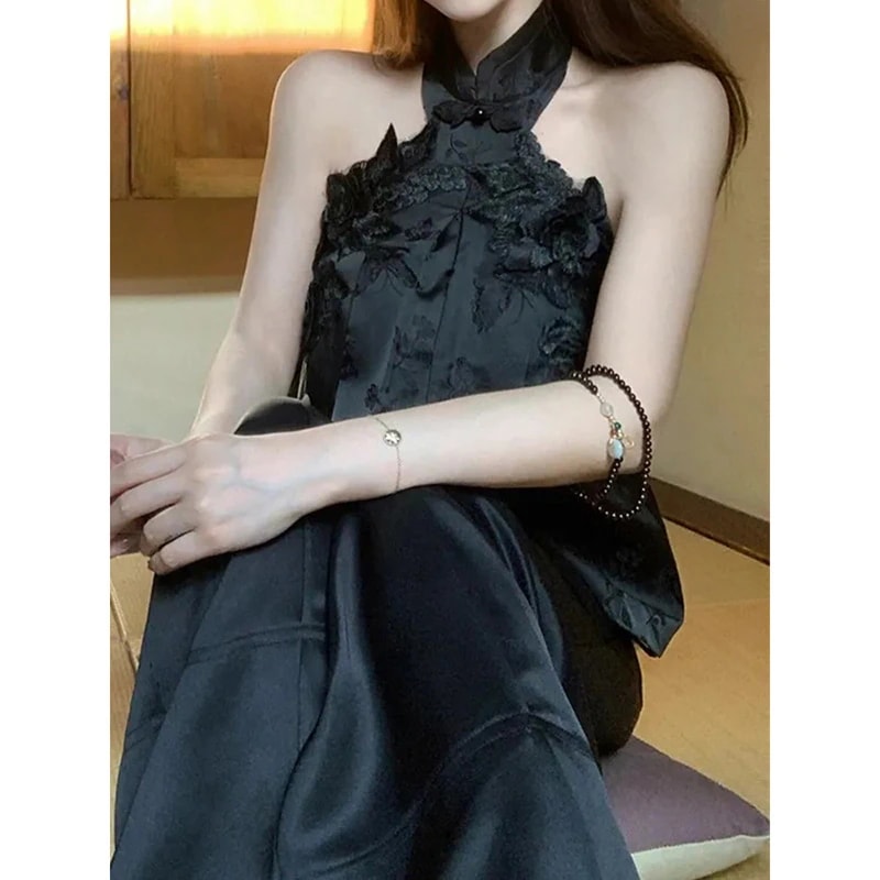 新型中国風立体花柄レディース夏ツーピースセット：ホルターネックトップスとスリムワイドレッグパンツ