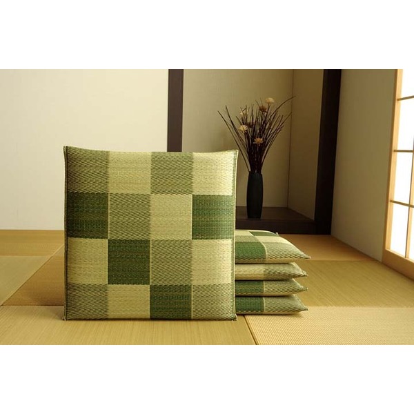 日本製 い草 座布団 クッション ブロック柄 グリーン 5枚組 約5555cm
