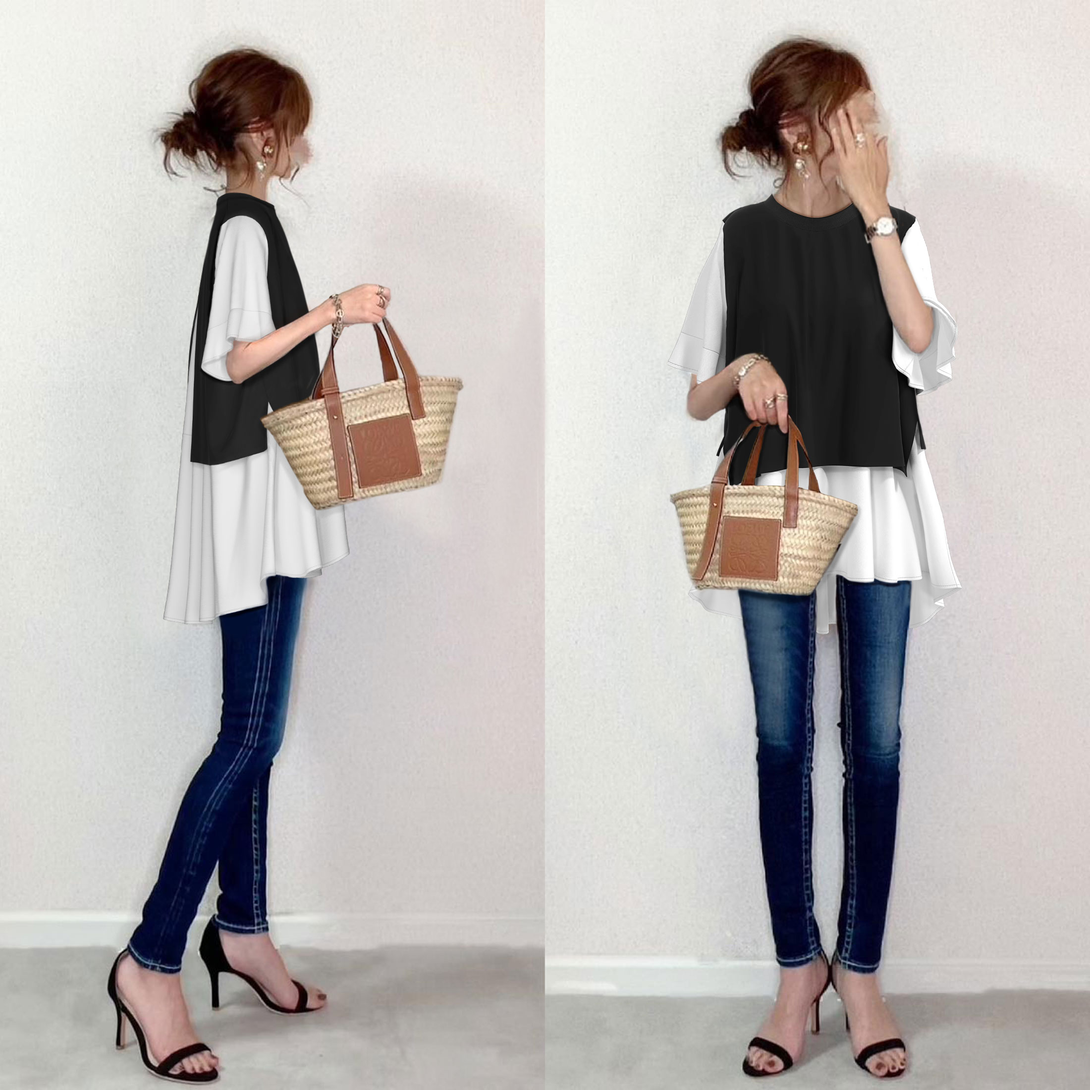 【大人気】欠かせない 配色 ラウンドネック プルオーバー 切り替え レイヤード / 重ね着風 Tシャツ