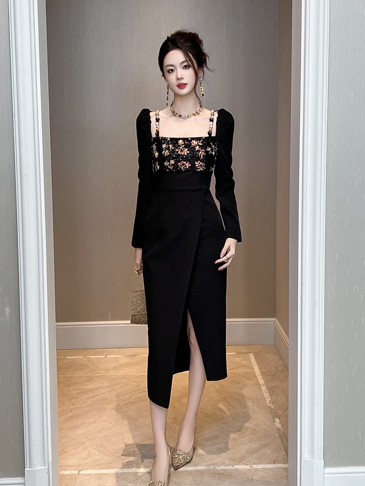 【JY.上品】 スリット ワンピース 秋冬 キラキラ スクエア襟 キャミ ドレス パーティー キャバ 大人 同窓会 披露宴 卒業式 結婚式 成人式 ウェディング 二次会 メガ割