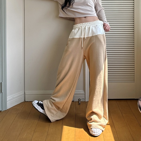 韓国ファッション 配色ライン バンディング ワイド トレーニング パンツ