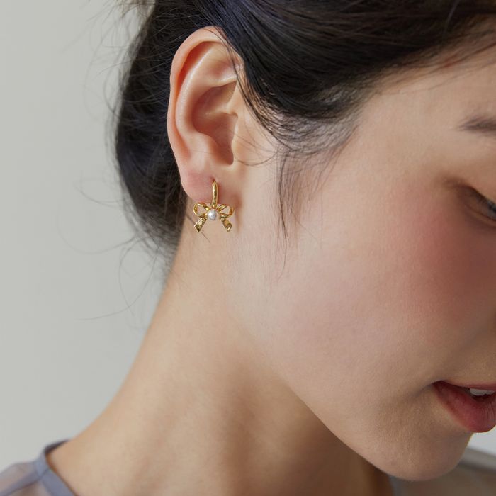 [Silver 925] Olivia Pearl Ribbon Hoop Earrings 2色 おしゃれ ピアス 韓国ファッション