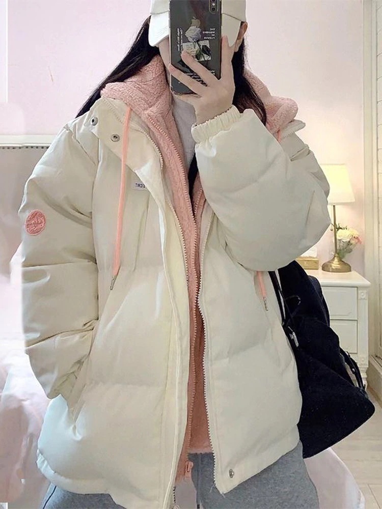 ホワイトダウンジャケットレディース2025厚手フェイクツーピーススプライスムートンジャケット小さめ服