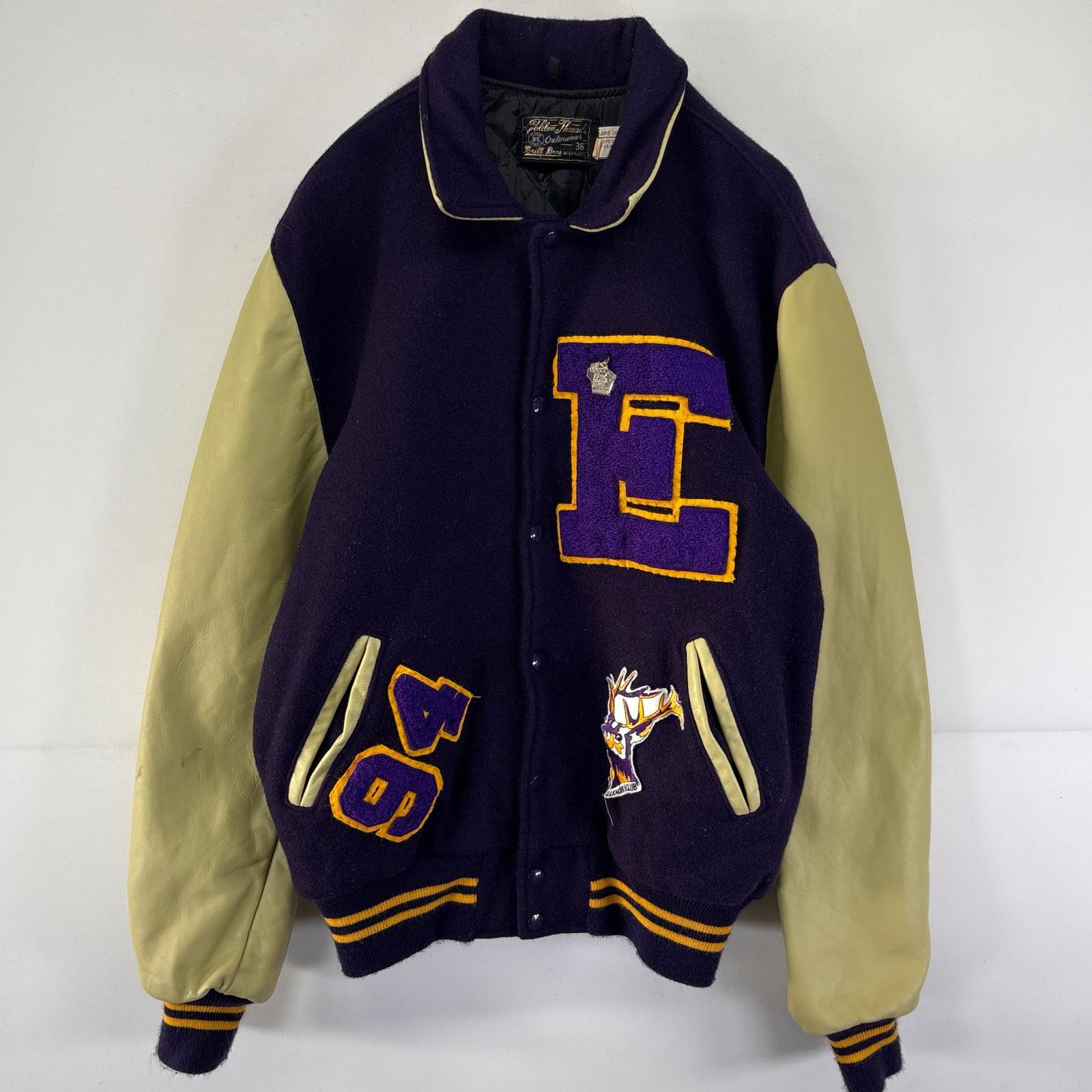 古着 80s/80年代 ヴィンテージ Golden Thread ウールスタジャン 袖レザー ワッペン 大きいサイズ 48L パープル メンズ