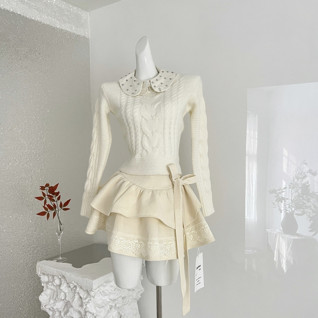 ウールケーブルニット クリームプリーツショートスカート コーデ 量産型 清楚め