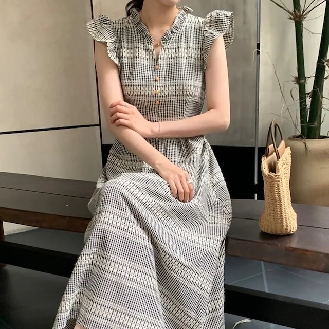 2024 春夏ワンピース ロング丈 Vネック ジャガード ボーダー 半袖 Aライン ゆったり 細見え 夏 グレー カジュアル おしゃれ かわいい キュート 韓国ファッション レディース お出かけ安い