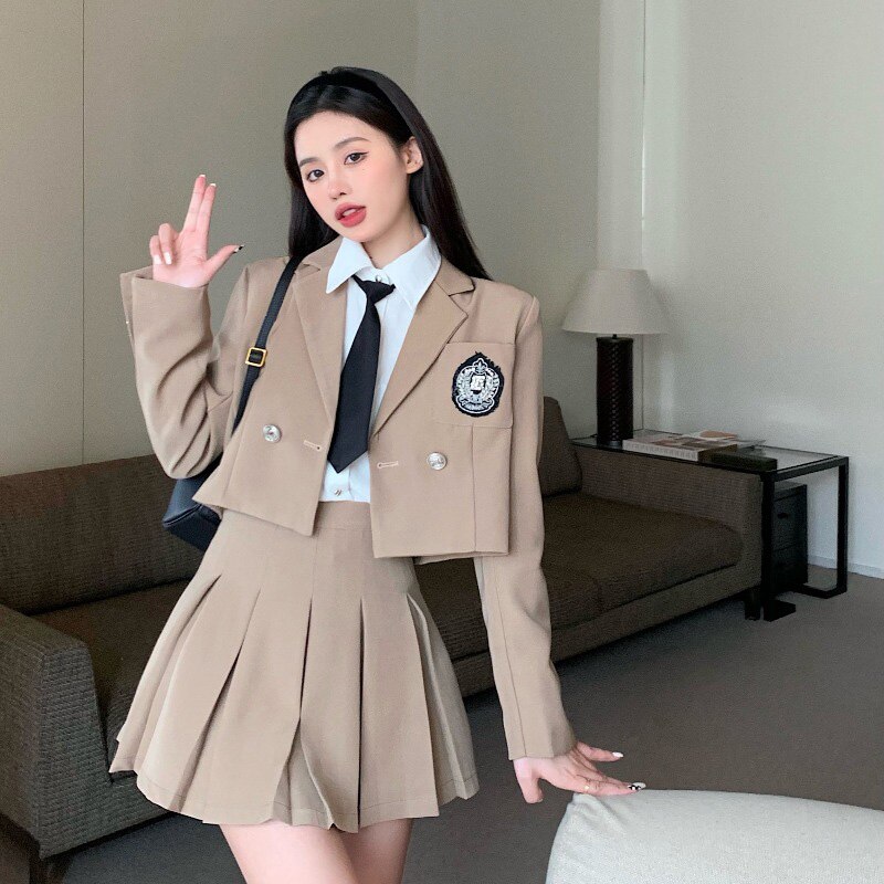 3色 長袖 ショート丈 スーツジャケット + ショート プリーツスカート 春秋 2点セット JK制服
