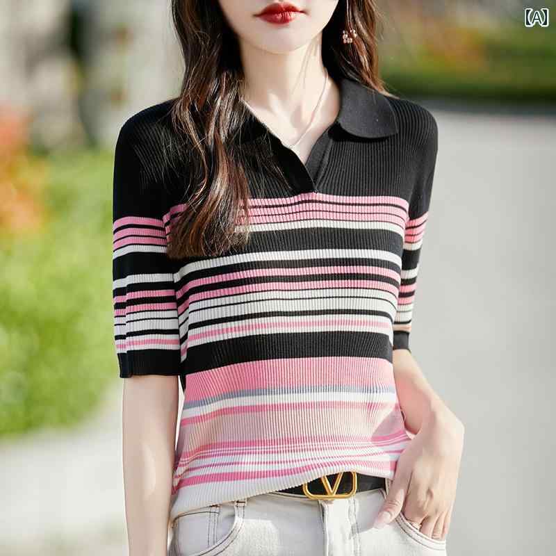 レディース ファッション トップス シンプル おしゃれ レディース ファッション トップス 夏 薄手 涼しい 涼しい ポロ カラー ストライプニット 半袖 Tシャツ スリムフィット 半袖