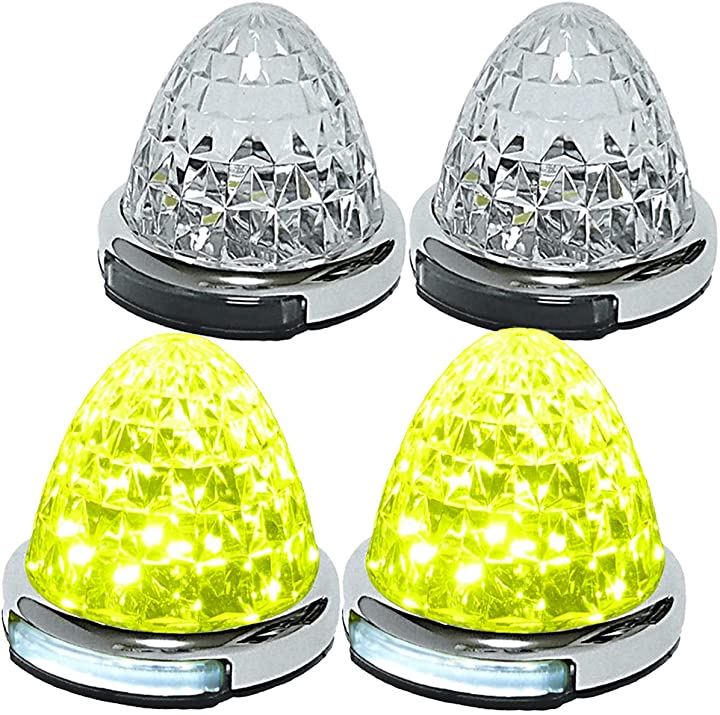 カスタマイズ 12V 24V トラック用 LED マーカーランプ 路肩灯機能付 サイド メッキリング 5面クリスタルカット仕様 22LED 汎用(イエロー, 4個セット)