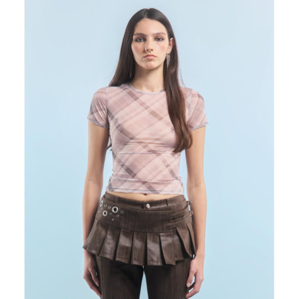2000Archives BROWN CHECK SEETHROUGH TSHIRT BEIGE 2A24HST