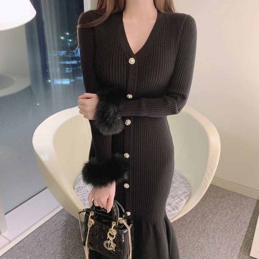 【即納】レディース ファー付きマーメイド ニット ワンピース ドレス Vネック ファー リブ もこもこ ふわふわ 長袖 パールボタン お呼ばれ パーティー フォーマル 大人可愛い ママコーデ ママファ