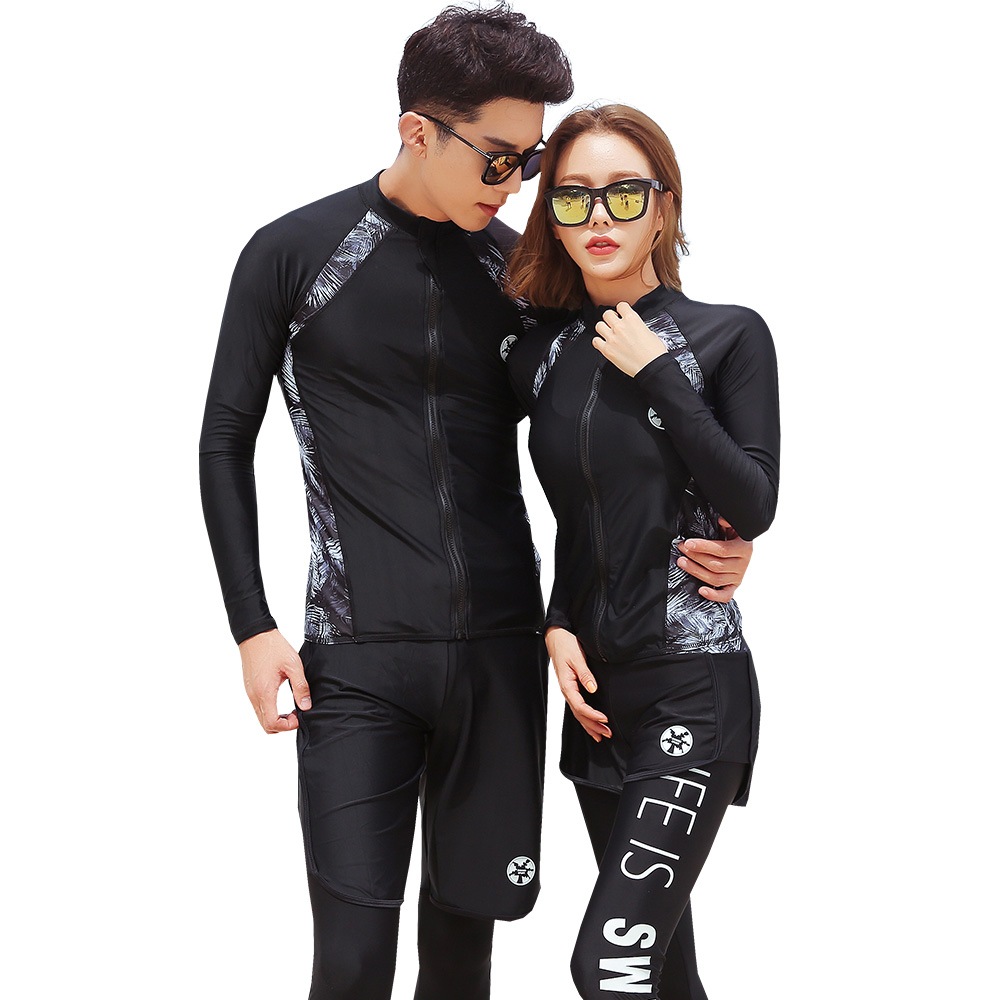 フィットネス水着 水着 ペア カップル ウェットスーツ リーフ柄 水着 体型カバー レディース メンズ お揃い セットアップ ラッシュガード 長袖 競泳水着 練習用 大きいサイズ 　フィットネス水着