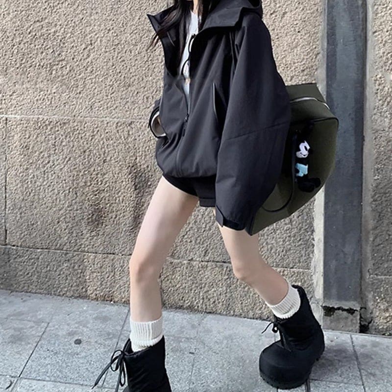 スタンドカラーの連帽ポンチョコート女性アウトドア防風防水カジュアルゆったり工装ジャケット