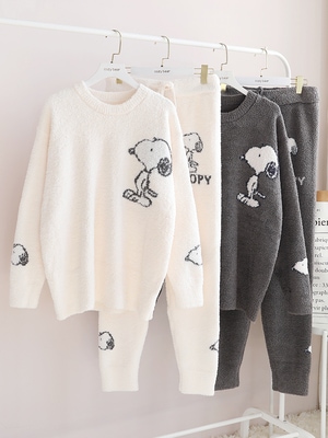 秋冬ふわふわハーフベルベットドネックセット男女ル部屋着セットキャラクターシンプルニットパジャマ