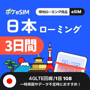 【一時帰国やデータ追加用に！】日本 eSIM 1日1GB 3日間 データ通信専用（電話番号なし） 有効期限180日