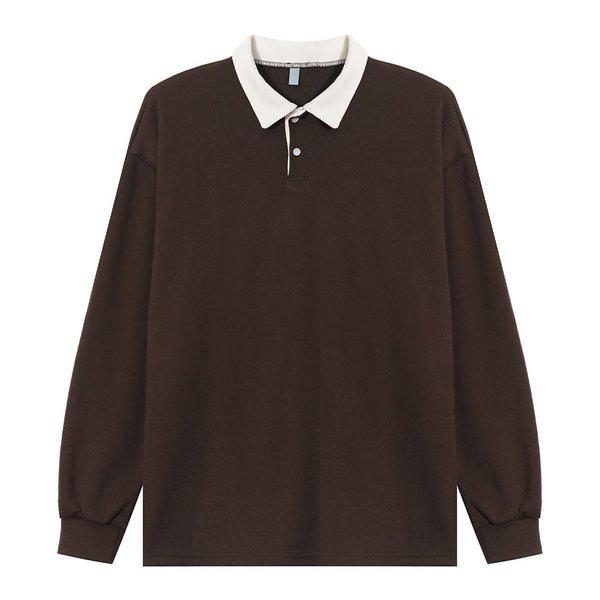 メンズ オーバーサイズ 配色カラーネック 長袖Tシャツ AC-KAA-Q001-ブラウン