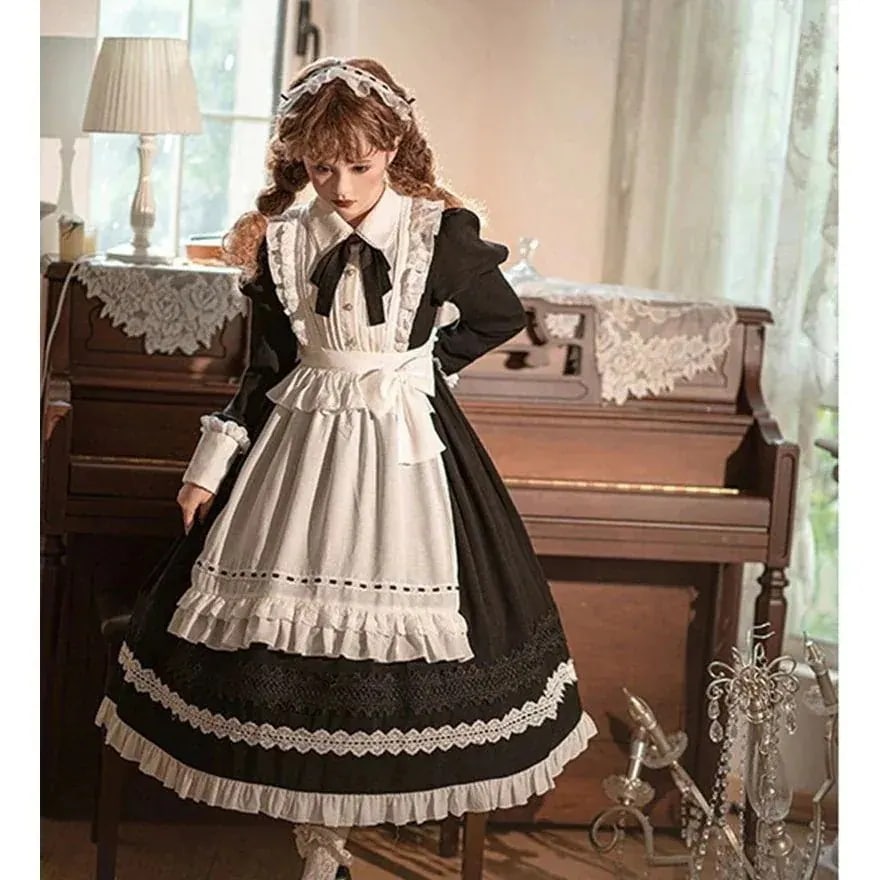 ロリータ メイド 3点セット 長袖 コスプレ ワンピース エン ゴシック 可愛い エレガント