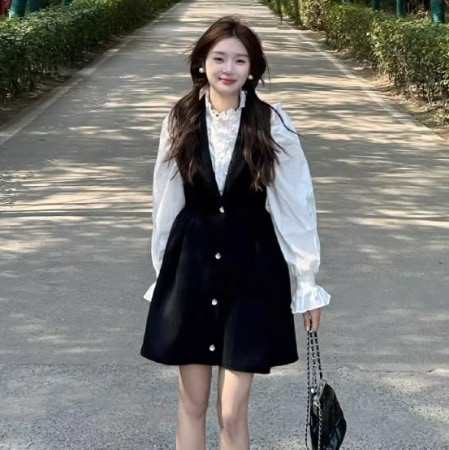 2点セット レディース ワンピース ブラウス ジャンパースカート 膝上 長袖 フリル袖 スタンドカラー ボタン フリル 前開き かわいい 大人可愛い きれいめ カジュアル 上品 おしゃれ