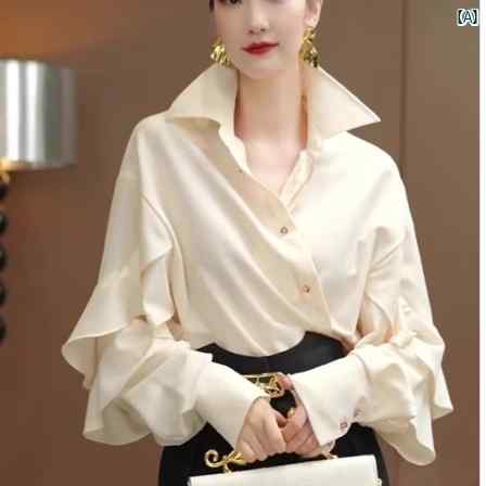 レディース ファッション　オシャレ　綺麗　大歳　上品 高級 シャンパン カラー 蓮 葉 袖 スタンドカラー シャツ 秋 たり 威厳 ユニーク トップス