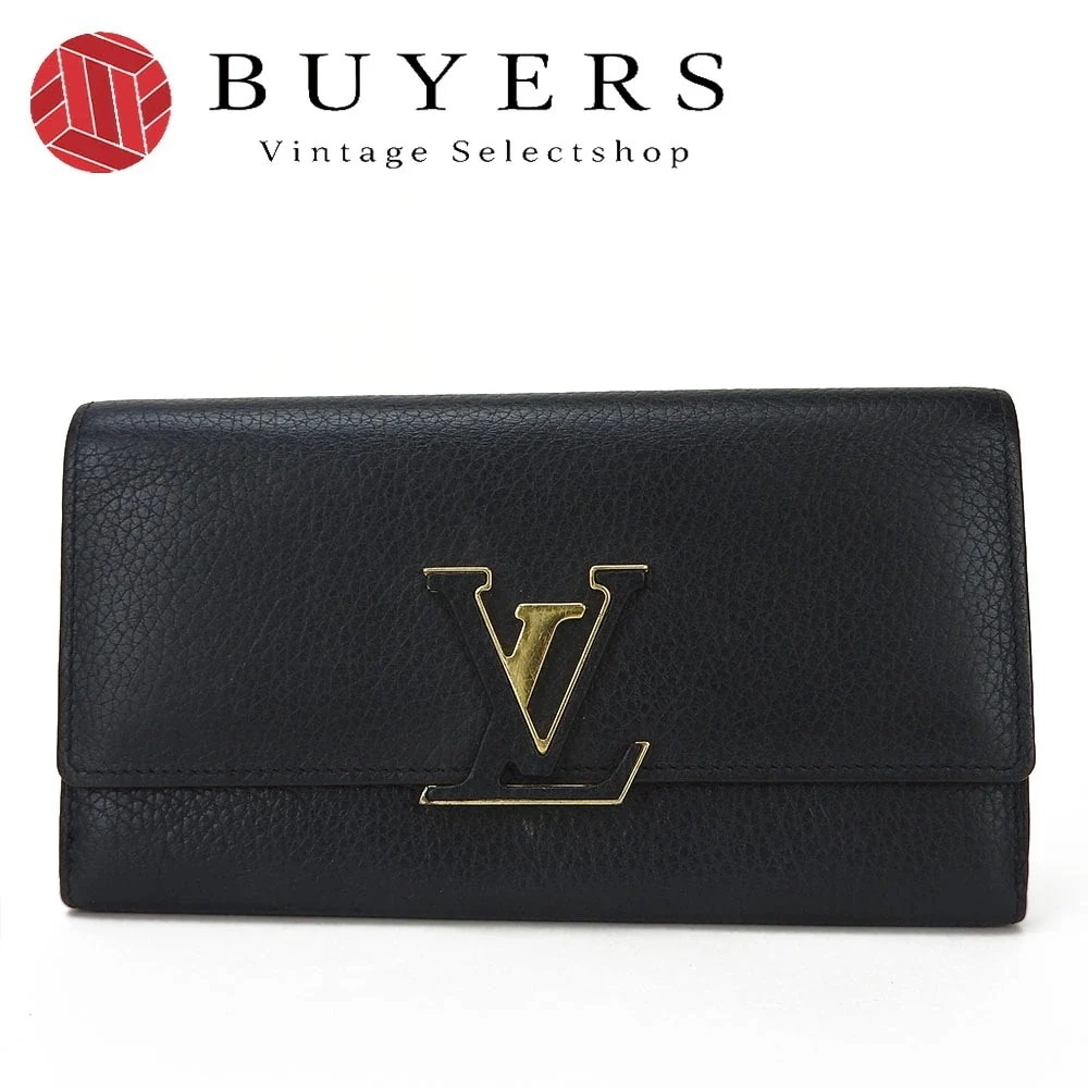 中古 ルイヴィトン 二つ折り長財布 ポルトフォイユカプシーヌ LOUIS VUITTON M61248 ブラック 黒 ピンク レザー 革 ゴールド金具 女性 レディース LV ビトン Long Wa