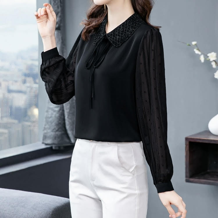 レディース トップス シャツ ブラウス 長袖 襟付き ドールカラー リボン ドット柄 透け感 プルオーバー スリム 細身 きれいめ 上品 おしゃれ お洒落 大人可愛い かっこいい 大人女子 カジュアル