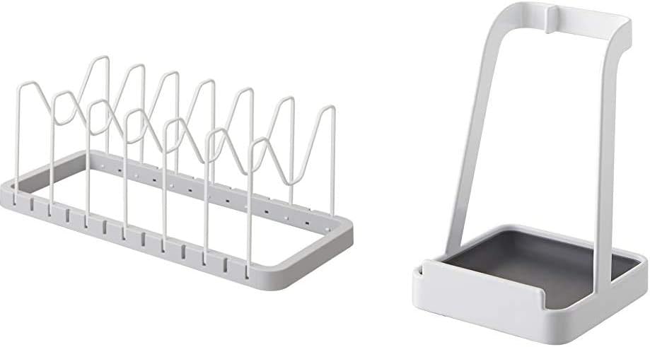 山崎実業 伸縮式 鍋蓋収納 シンク下 伸縮鍋蓋 & フライパンスタンド ホワイト サイズ:約W45~82XD20XH17.5cm Plate 3965 & お玉&鍋ふたスタンド タワー ホワイト 22