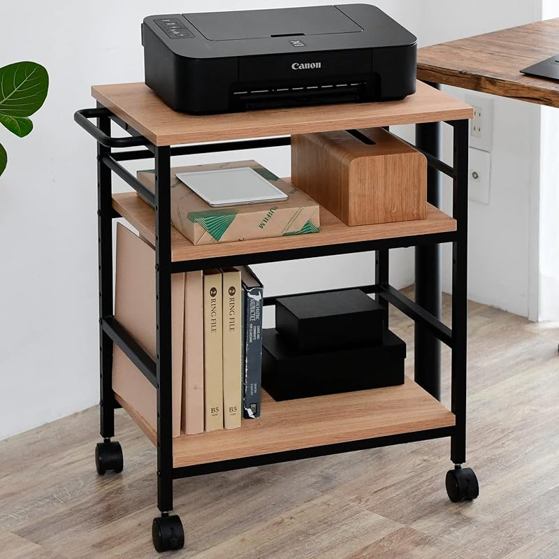 デスク サイドワゴン キャスター付き 幅35×奥行55(61.5)×高さ70cm A4対応 棚板高さ調節 プリンター 台 ゲーム ラック 組立品 オーク MWT-60(OAK/SBK