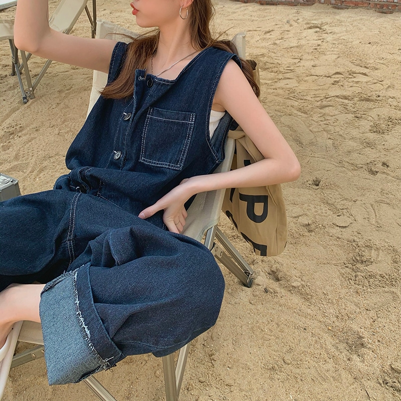 レディース デニムパンツ オールインワン ノースリーブ ポケット ボタン