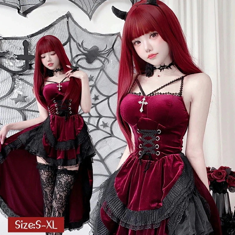 ハロウィン 仮装 コスプレ レディース ゴシック ワンピース ウィッチ 吸血鬼 花嫁 レッド　ブラック S M L XL ワンピース＋頭飾り＋首飾り+クリノリン+長い耳 文化祭
