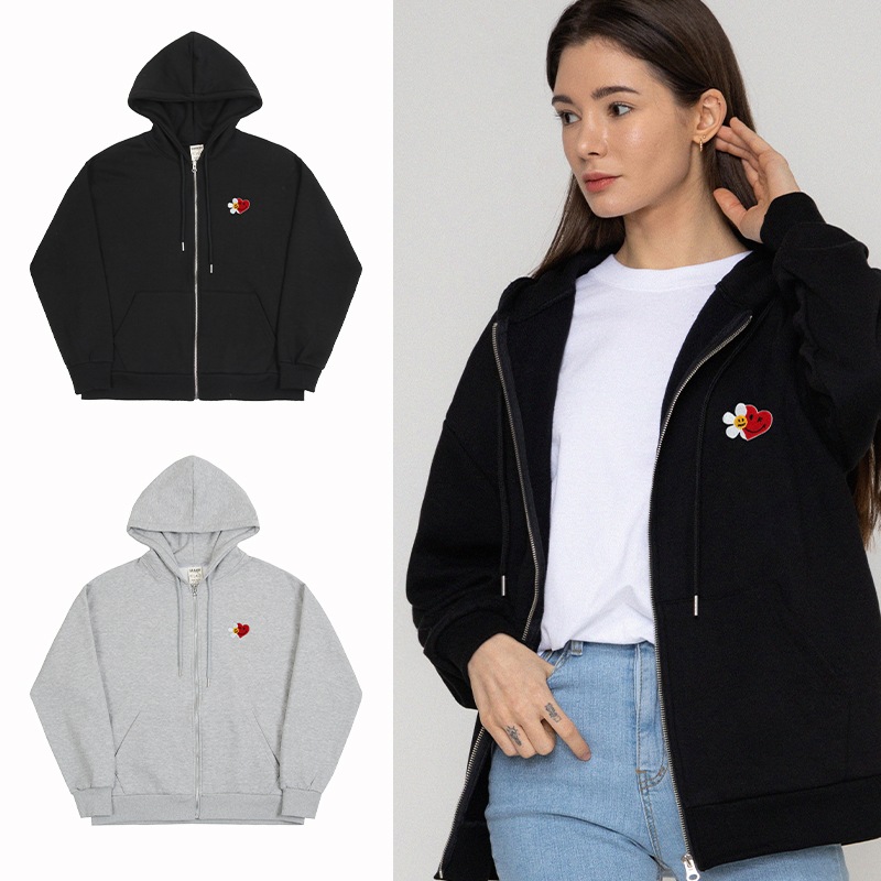 [UNISEX]Flower Heart Half Smile Embroidery Hoodie Zip-up_2color