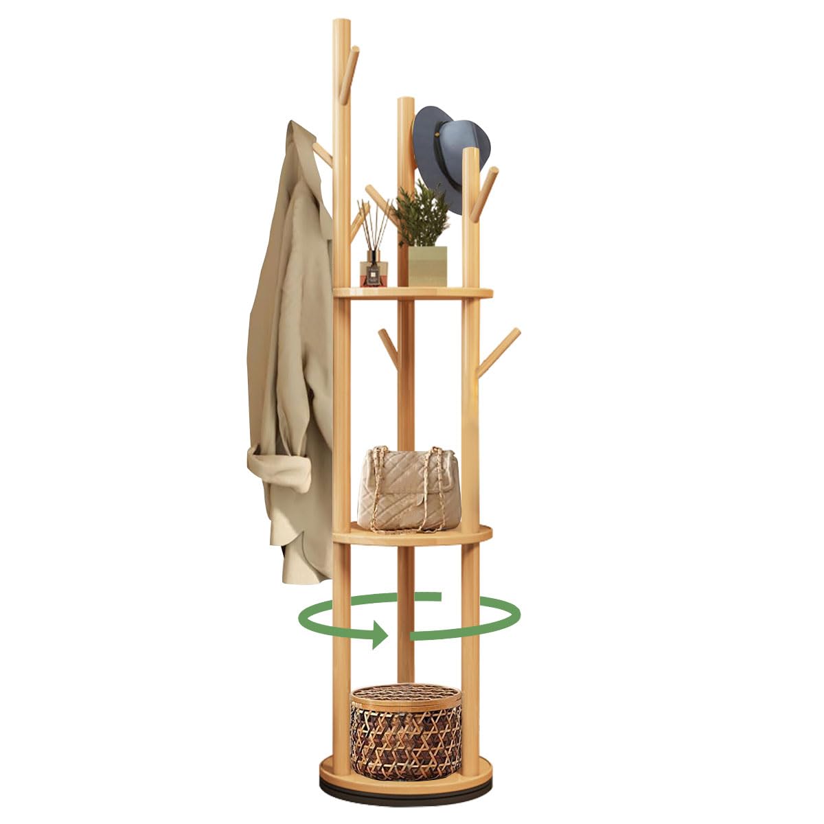 ハンガーラック ポールハンガー 回転可能 コートハンガー スリム おしゃれ 省スペース 木製 服かけスタンド 衣架立式 口径40cm 高さ165cm