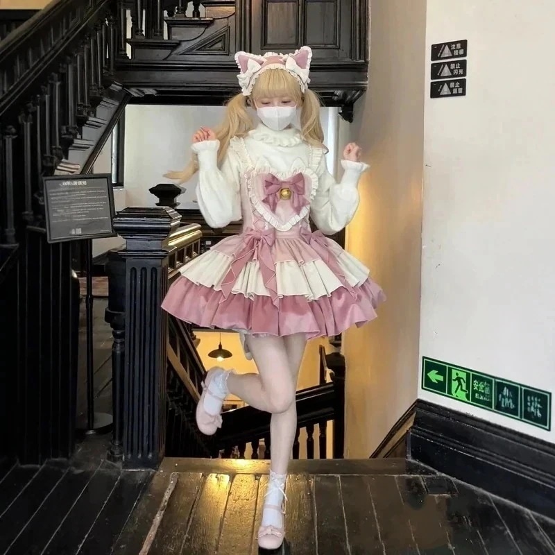 【2026新作-31】Lolita正規品秋冬パイルjskワンピースロリータグラデーションピンク日常3段プリンセスドレス