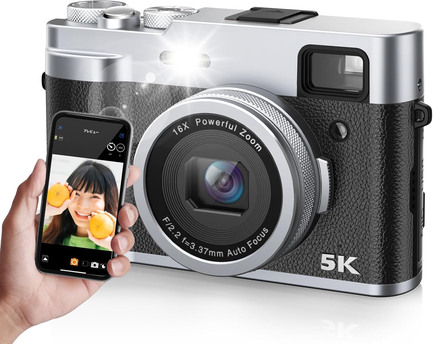 5K デジカメ スマホに送れる デジタルカメラ 4800万画素 30fps wifi機能 レトロ 6軸手ぶれ補正 前後デュアルレンズ フラッシュ 自撮り 初心者 学生 ビログ用 黒+32gメモリカード