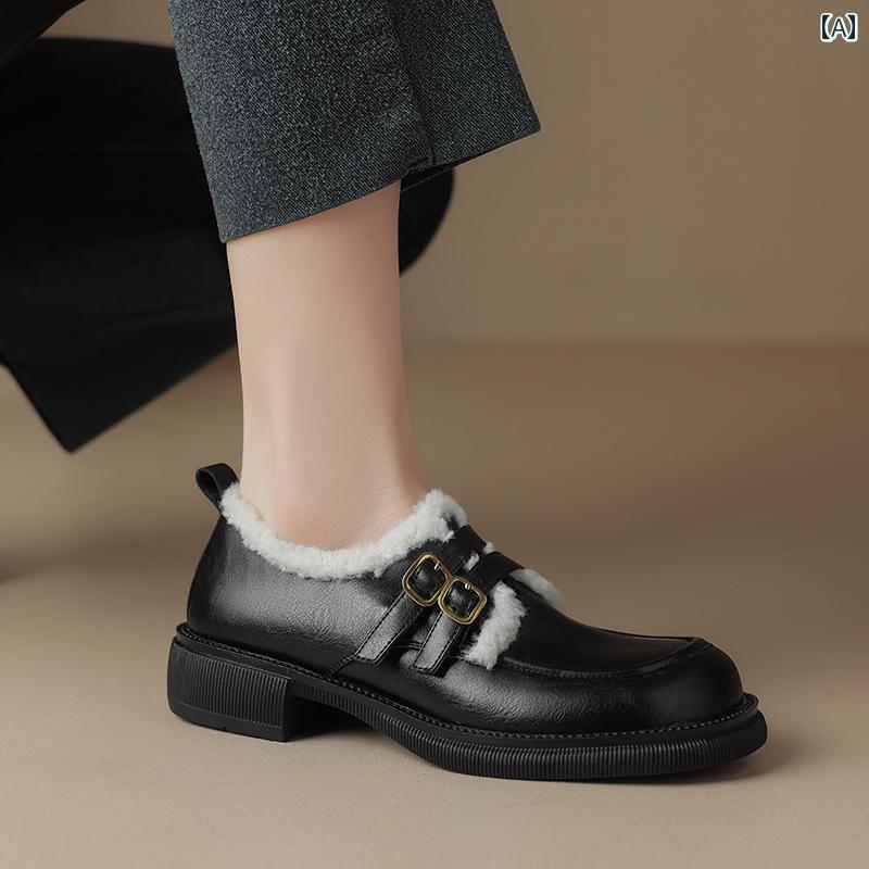 革靴 秋冬 暖かい レディース カジュアル 女性 太いかか 毛皮 小さい 革 ベルベット 綿靴 ローカット 英国 厚底 ローファー 7,938円