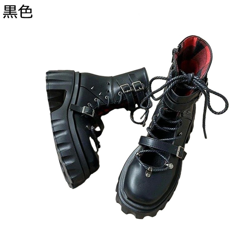 ブーティ ハイヒール レディース パンク 編み上げ ショットブーツ チャンキーヒール 厚底 カジュアル 身長UP ミドルブーツ ハーフブーツ バックル レースアップ ゴスロリ パーティー サブカル系
