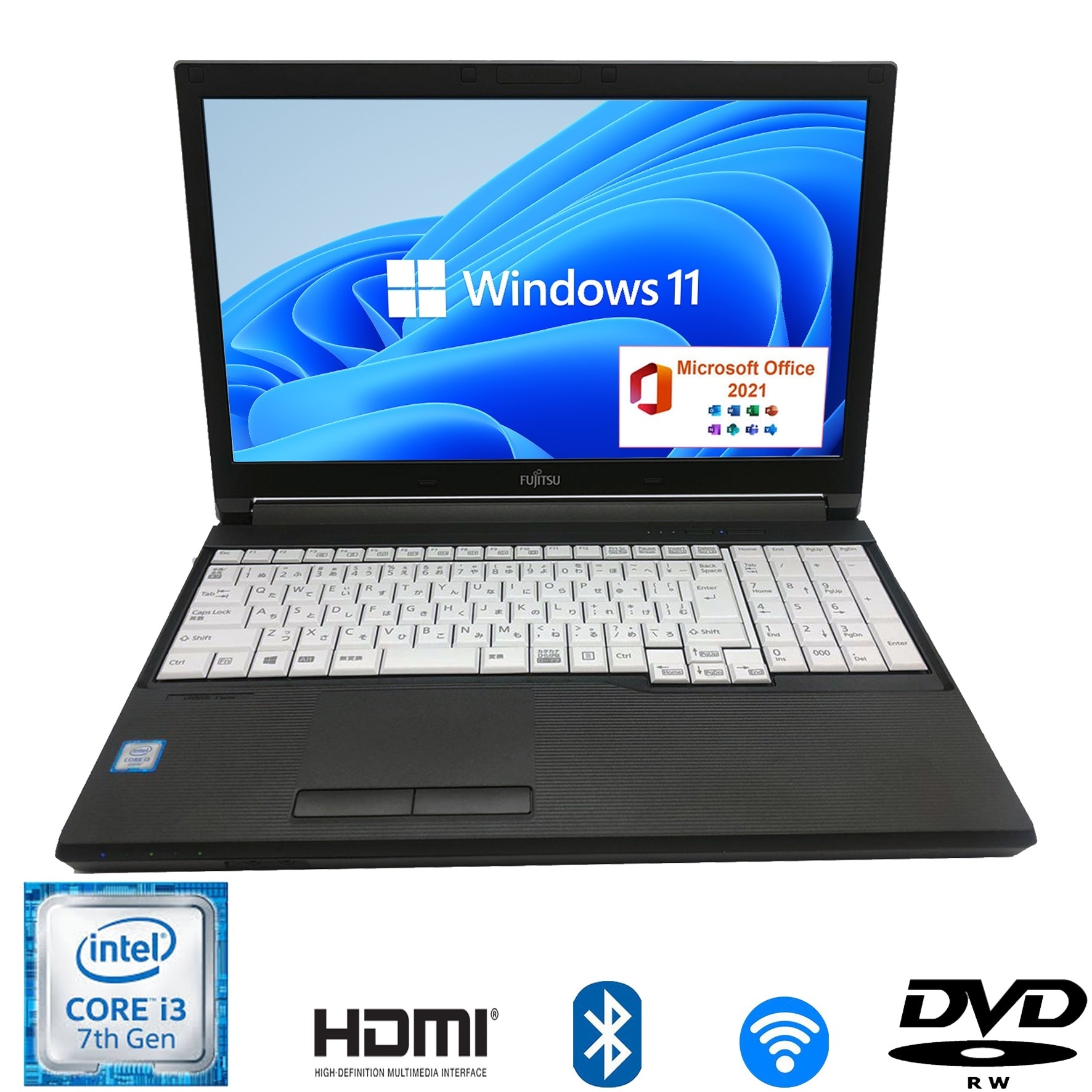 第七世代Corei3 15.6型　テンキー搭載 驚速SSD256 メモリ8GB Win11 MSoffice2021 ノートパソコン A577　HDMI Bluetooth 無線 DVD-RW