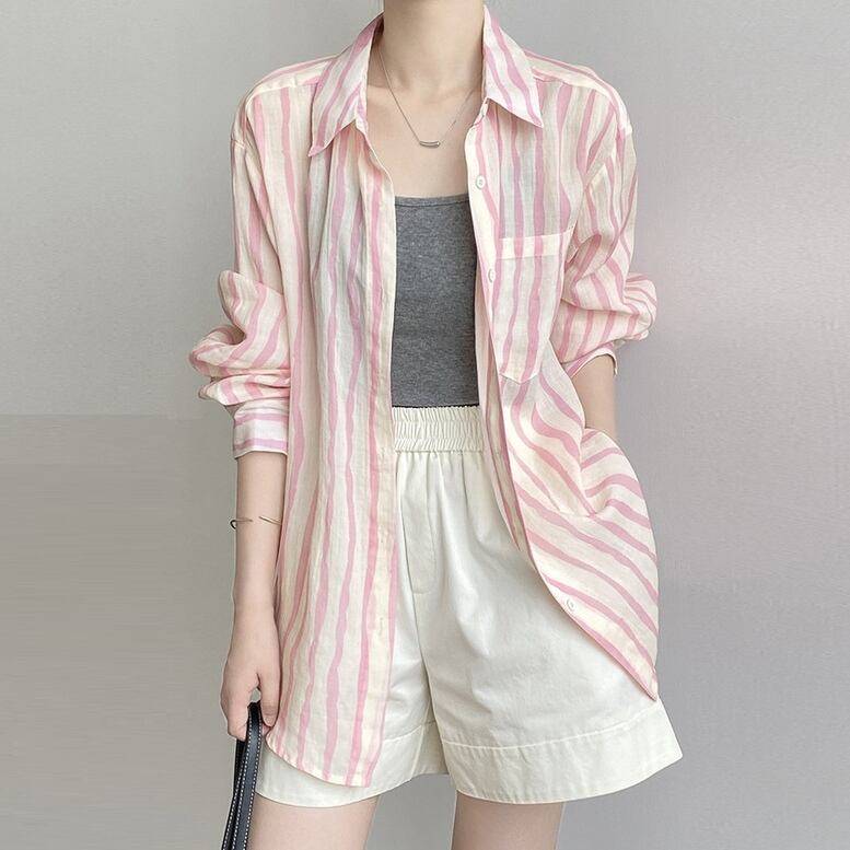 2color レディース ストライプシアーシャツ トップス シャツ ストライプ柄 長袖 襟付きシャツ ロングシャツ ブラウス 襟付き シフォン ピンク ブラック 抜け感 オシャレ シアー シンプル 可