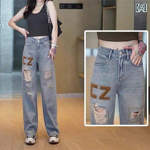 デニムパンツ レディース ダメージ ジーンズ クラッシュ ボトムス 夏 レトロ ワイド 薄手 スタッズ ストレート ロゴ カジュアル 大きめサイズ ブルー