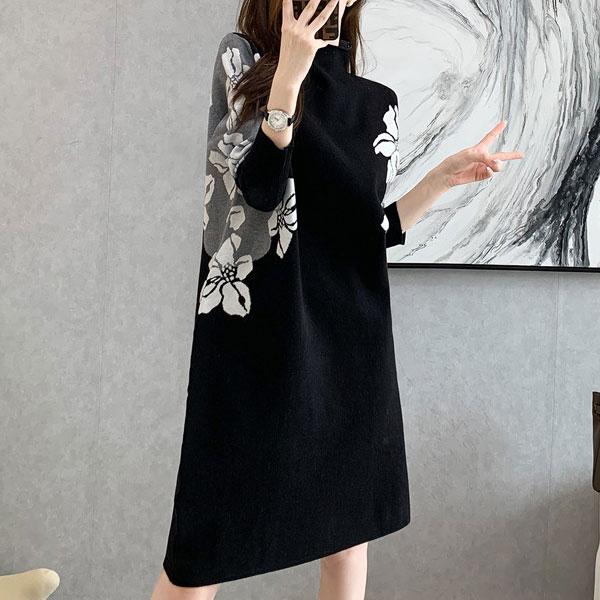 【即納】ニット ニットワンピー今週の割引は 25% オフですス 花柄ワンピース ひざ丈ワンピース 黒白 配色