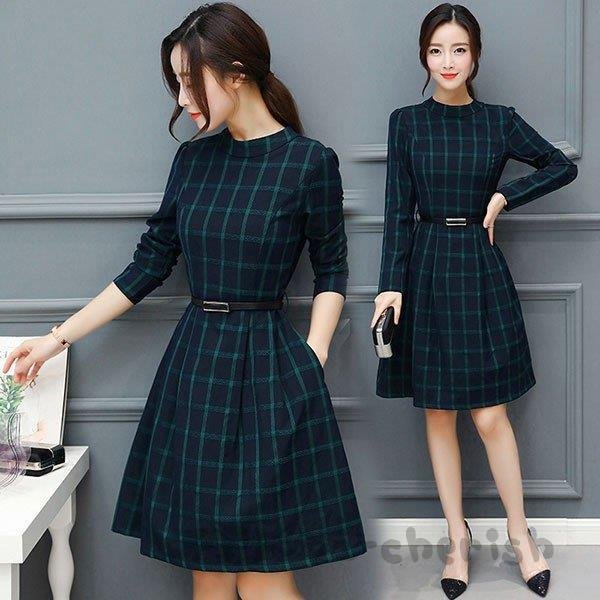 ワンピース レディース 40代 きれいめ 秋冬 長袖 上品 膝丈ワンピース 丸首 チェック柄 大きい