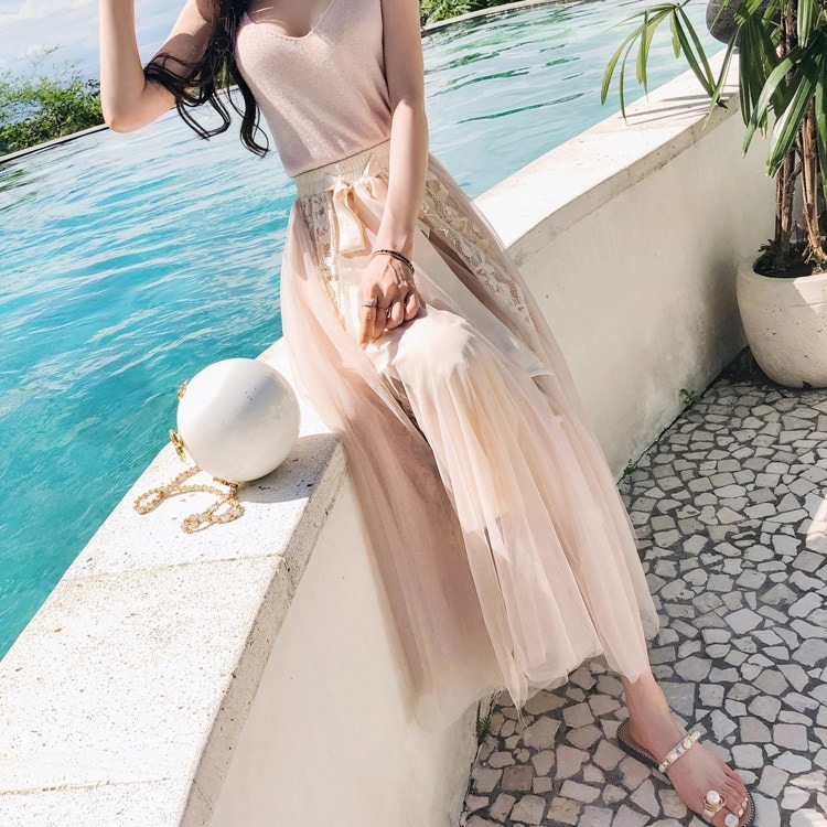 3184.リボンチュールスカート（アプリコット）2019 春夏 sale かわいい お出かけ デート