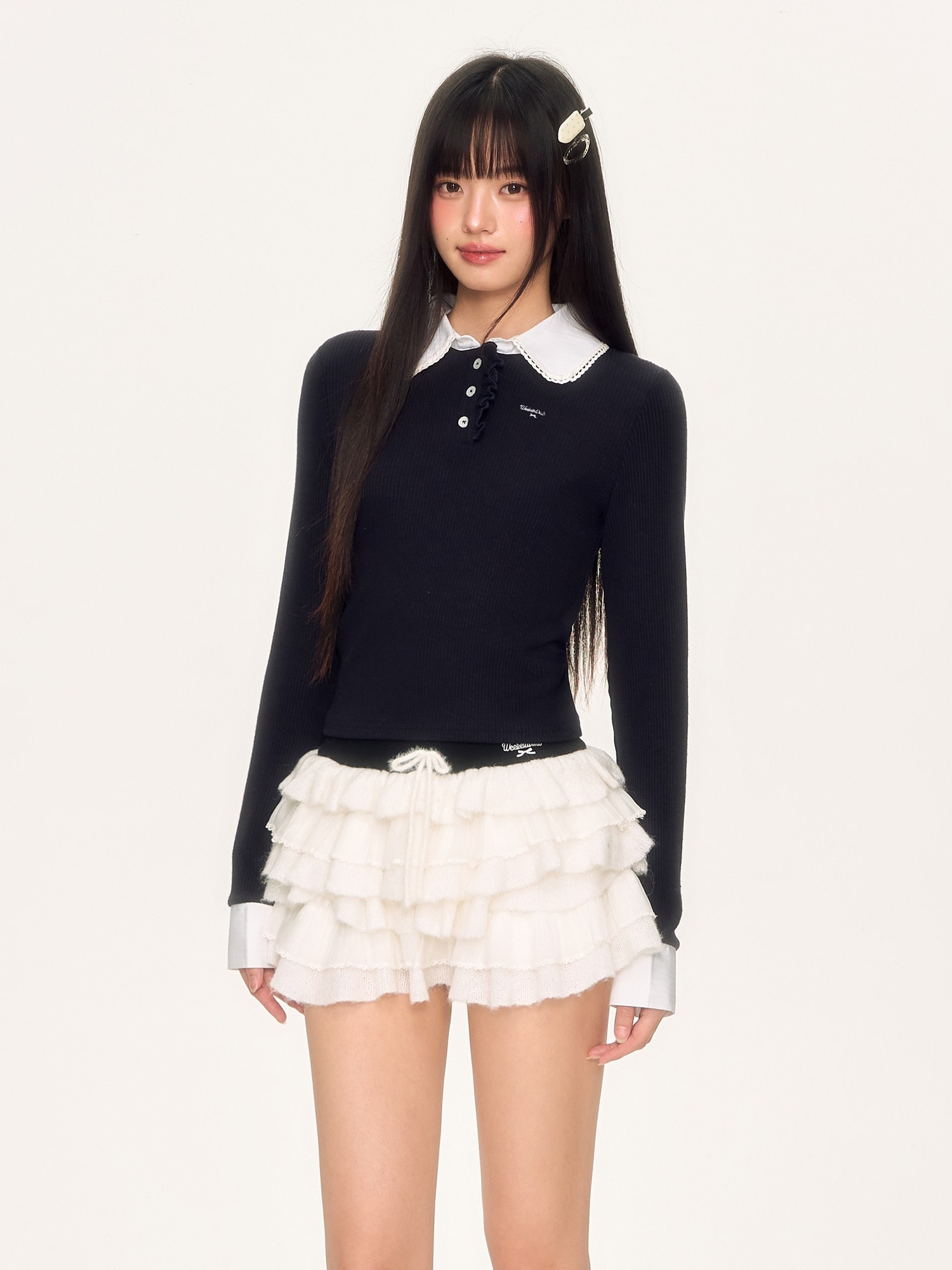 2025秋冬 韓国っぽ フェイクツーピースニット ンショート丈 刺繍 レース エレガント トップス長袖 配色羽織り きれいめライト オフィス OLへそ出しフレンチシースルーファッションレディース