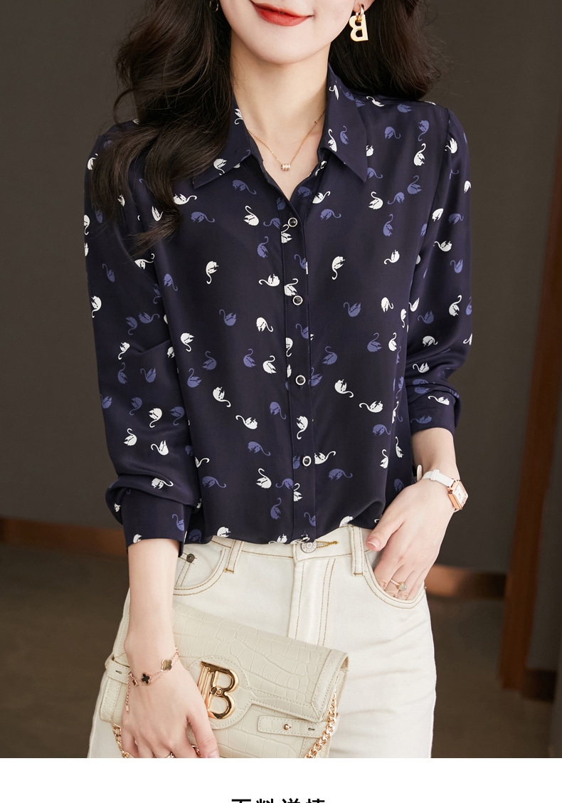 秋 エレガント 上品 ネイビーブルー デザイン シルク シャツ 女性 シック シルク トップ ネイビー M L XL XXL トップス 袖あり かわいい 大人可愛い きれいめ シンプル カジュアル