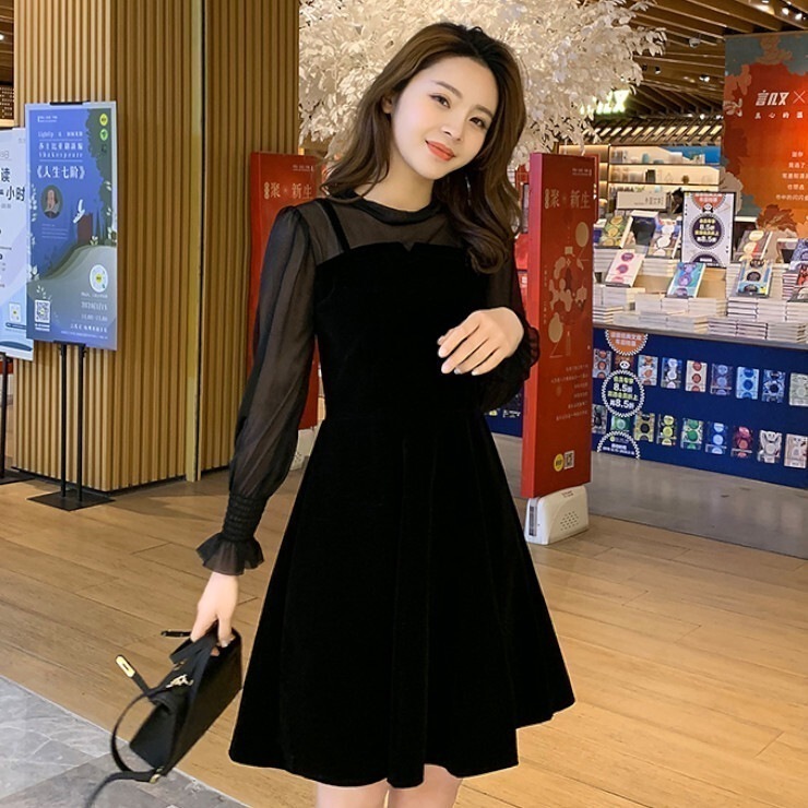 ワンピース レディース ドレス スカート プルオーバー フレアスカート フレアワンピース ワンピドレス 膝上 ショート丈 長袖 パフスリーブ 襟なし ラウンドネック Aライン スリム 細身