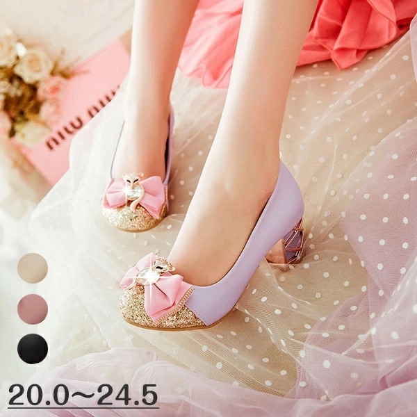 パンプス ヒール5cm キラキラ 太いヒール 小さいサイズ 女の子 4colors パープル ベージュ ピンク ブラック 結婚式 ピアノ発表会 可愛い リボン付き パーティー シューズ 靴 発表会 演